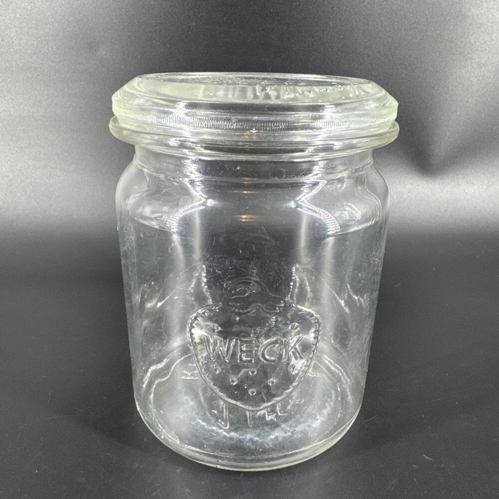 Weck Rillenglas Clear Glass Jar 1 Liter Strawberry Germany w/ Lid - No Gasket